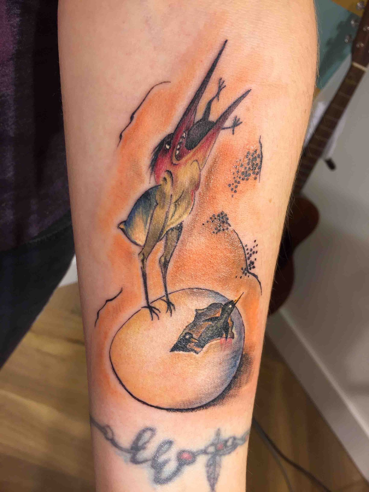 Kleurrijke tatoeage naar een detail van Jheronimus Bosch: vogels op een ei, op een onderarm